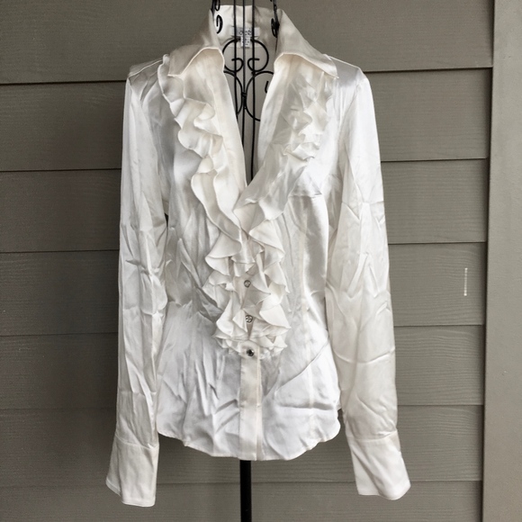 Cache Tops - Cache Silk Rhinestone Ruffled Blouse Top Ivory